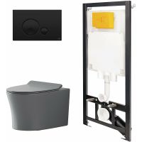 Комплект унитаза с инсталляцией Point Вега 886914GBO3+PN41711GM Серый матовый с сиденьем Микролифт и Черной матовой клавишей смыва — фото 1, Унитазы