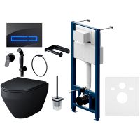 Комплект унитаза с инсталляцией AM.PM Spirit CK70GH Черный матовый с сиденьем Микролифт с Черной глянцевой клавишей смыва с гигиеническим душем и аксессуарами для ванной комнаты — фото 1, Комплекты унитаз + инсталляция