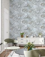 Обои Solo Liberty E202503 Винил на флизелине (1,06*10) Бежевый/Голубой/Серый, Листья/Геометрия — фото 2, Обои для стен