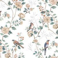 Обои Andrea Rossi Cheradi 54396-1 Винил на флизелине (1,06*10,05) Белый/Зеленый/Коричневый, Птицы/Цветы — фото 1, Обои для стен
