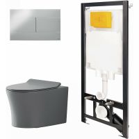 Комплект унитаза с инсталляцией Point Вега 886914SIOO+PN41711GM Серый матовый с сиденьем Микролифт и клавишей смыва Хром глянцевый — фото 1, Унитазы