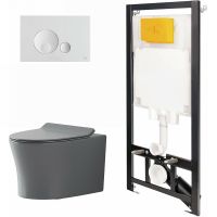 Комплект унитаза с инсталляцией Point Вега 886914GBO1+PN41711GM Серый матовый с сиденьем Микролифт и Белой клавишей смыва — фото 1, Унитазы