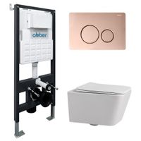 Комплект подвесной унитаз ABBER Rechteck AC1201 белый с инсталляцией AC0105 и кнопкой AC0121RG золото розовое арт-AC1201-AC0105-AC0121RG — фото 1, Комплекты унитаз + инсталляция