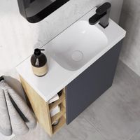 Товар: Подвесная тумба 60 см правая с одной дверью и открытыми полочками, цвет: корпус - светлый камень, фасад - белый матовый арт-ALB0106RLS+ALB0706WM - фото 3 Подвесная тумба 60 см правая с одной дверью и открытыми полочками, цвет: корпус - светлый камень, фасад - белый матовый арт-ALB0106RLS+ALB0706WM — фото 3, Тумбы с раковиной