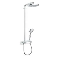 Душевая стойка, Hansgrohe, Raindance Select E, тип регулирования воды-термостатический картридж, верхний душ-есть, форма верхнего душа-квадратная, размер верхнего душа-300*160, держатель верхнего душа-есть, вынос, мм-380, количество режимов верхнего душа-2, тип струи верхнего душа-RainAir, Rain, ручной душ-есть, размер ручного душа-122, шланг-есть, размер шланга, мм-1600, цвет-хром арт-27283000 — фото 1, Душевые стойки