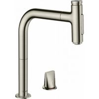 Смеситель для кухни, Hansgrohe, Metris Select M71, тип открывания воды-однорычажный, тип регулирования воды-керамический картридж, монтаж-на раковину/столешницу, отверстия для монтажа-2, высота, мм-320, вынос излива, мм-221, тип излива-выдвижной, поворотный на 110° или 150°, кнопка Select для комфортного включения/выключения воды, магнитная система крепления душа MagFit, тип подводки-гибкая, стандарт подвода воды-3/8", цвет-сталь арт-73819800 — фото 1, Смесители для кухни