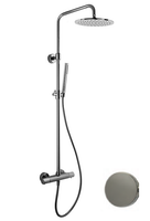 Душевая стойка, Fima Carlo Frattini, Shower column, смеситель-в комплекте, тип открывания воды-вентильный, тип регулирования воды-термостатический картридж, верхний душ-есть, форма верхнего душа-круглая, размер верхнего душа,мм-250, материал-латунь, держатель верхнего душа-есть, вынос, мм-300, размер штанги, мм-998-1288, ручной душ-в комплекте, шланг-есть хромалюкс, размер шланга, мм-1500, цвет-брашированный никель арт-F4285/R256SN — фото 1, Душевые стойки