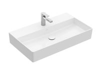 Раковина, Villeroy&Boch, Memento 2.0, ширина, мм-800, глубина, мм-470, высота, мм-135, тип установки-настенный, отверстия для смесителя-1 сквозное, 2 промаркированных, перелив-есть, материал-TitanCeram, цвет-альпийский белый, шлифованный низ, включен вырезной шаблон арт-4A228G01 — фото 1, Раковины накладные