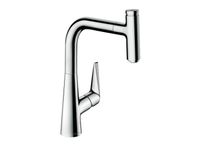 Смеситель для кухни, Hansgrohe, Talis Select M51, sBox, тип открывания воды-однорычажный, тип регулирования воды-керамический картридж, монтаж-на раковину/столешницу, отверстия для монтажа-1, высота, мм-335, вынос излива, мм-208, тип излива-выдвижной, поворотный на 110° или 150°, 1 режим струи, кнопка Select для комфортного включения/выключения воды, магнитная система крепления душа MagFit, тип подводки-гибкая, стандарт подвода воды-3/8", цвет-хром арт-73852000 — фото 1, Смесители для кухни