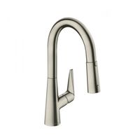 Смеситель для кухни, Hansgrohe, Talis M51, тип открывания воды-однорычажный, тип регулирования воды-керамический картридж, монтаж-на раковину/столешницу, отверстия для монтажа-1, высота, мм-350, вынос излива, мм-185, тип излива-выдвижной, поворотный на 110° или 150°, переключение струи в исходное положение нажатием кнопки, магнитная система крепления душа MagFit, тип подводки-гибкая, стандарт подвода воды-3/8", цвет-сталь арт-73850800 — фото 1, Смесители для кухни