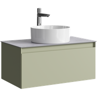 Подвесная тумба с одним ящиком 81 см, цвет зеленый шалфей со столешницей серый камень и наставным умывальником арт-GE01081SH+STG814X476GS — фото 5, Тумбы с раковиной