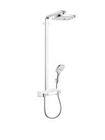 Душевая стойка, Hansgrohe, Raindance Select E, смеситель-есть, тип регулирования воды-термостатический картридж, верхний душ-есть, форма верхнего душа-прямоугольная, размер верхнего душа-300*160 мм, держатель верхнего душа-есть, вынос, мм-466, количество режимов верхнего душа-2, тип струи верхнего душа-RainAir, Rain, размер штанги, мм-1100, ручной душ-есть, размер ручного душа-120, количество режимов ручного душа-3, тип струи ручного душа-RainAir, Rain, массажная струя, шланг-есть, размер шланга, мм-1600, цвет-белый/хром арт-27126400 — фото 1, Душевые стойки