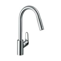Смеситель для кухни, Hansgrohe, Focus M41, Eco, тип открывания воды-однорычажный, тип регулирования воды-керамический картридж, монтаж-на раковину/столешницу, отверстия для монтажа-1, высота, мм-406, вынос излива, мм-220, тип излива-выдвижной, поворотный, 2 режима стури-ламинарная струя, душевая струя, магнитная система крепления душа MagFit, тип подводки-гибкая, стандарт подвода воды-3/8", цвет-хром арт-31833000 — фото 1, Смесители для кухни