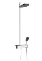 Душевая стойка, Hansgrohe, Pulsify S, смеситель-есть, тип регулирования воды-термостатический картридж, с кнопками "ручной душ", "PowderRain", "Intense PowderRain", верхний душ-есть, форма верхнего душа-круглая, размер верхнего душа,мм-260, держатель верхнего душа-есть, шарнирное соединение: верхний душ с углом наклона 10-30°, вынос, мм-163, поверхность душевого диска-графит, количество режимов верхнего душа-2, тип струи-PowderRain, Intense PowderRain, ручной душ-есть, количество режимов ручного душа-3, тип струи-PowderRain, IntenseRain, массажная, полка из пластика, цвет-хром арт-24240000 — фото 1, Душевые стойки