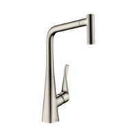 Смеситель для кухни, Hansgrohe, Metris M71, тип открывания воды-однорычажный, тип регулирования воды-керамический картридж, монтаж-на раковину/столешницу, отверстия для монтажа-1, высота, мм-430, вынос излива, мм-236, тип излива-выдвижной, поворотный на 110° или 150°, магнитная система крепления душа MagFit, тип подводки-гибкая, стандарт подвода воды-3/8", цвет-сталь арт-73801800 — фото 1, Смесители для кухни