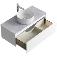 Подвесная тумба с одним ящиком 100 см, цвет белый со столешницей серый камень и наставным умывальником арт-GE01101WM+STG1014X456GS — фото 2, Тумбы с раковиной