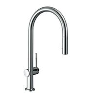 Смеситель для кухни, Hansgrohe, Talis M54, тип открывания воды-однорычажный, тип регулирования воды-керамический картридж, монтаж-на раковину/столешницу, отверстия для монтажа-1, высота, мм-435, вынос излива, мм-223, тип излива-выдвижной с вытяжным душем, поворотный 60°, 110°, 150° или 360°, душевой шланг Quick-Connect, тип подводки-гибкая, стандарт подвода воды-3/8", цвет-хром арт-72800000 — фото 1, Смесители для кухни