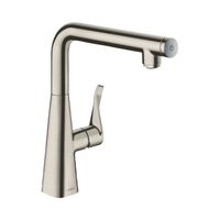 Смеситель для кухни, Hansgrohe, Metris Select M71, тип открывания воды-однорычажный, кнопка Select для комфортного включения/выключения воды, тип регулирования воды-керамический картридж, монтаж-на раковину/столешницу, отверстия для монтажа-1, высота, мм-304, вынос излива, мм-208, тип излива-поворотный, 1 режим струи-ламинарная струя, тип подводки-гибкая, стандарт подвода воды-3/8", цвет-сталь арт-14847800 — фото 1, Смесители для кухни