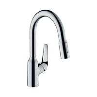 Смеситель для кухни, Hansgrohe, Focus M42, sBox, тип открывания воды-однорычажный, тип регулирования воды-керамический картридж, монтаж-на раковину/столешницу, отверстия для монтажа-1, высота, мм-364, вынос излива, мм-207, тип излива-поворотный 360°, выдвижной с вытяжным душем, корпус для шланга, магнитная система крепления душа MagFit, 2 режима струи-ламинарная струя, душевая струя, тип подводки-гибкая, стандарт подвода воды-3/8", цвет-хром арт-71821000 — фото 1, Смесители для кухни