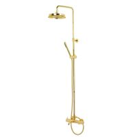 Товар: ERMITAGE MINI Душевой настенный гарнитур с верхним душем d 200 мм.(излив, шланг, ручной душ), золото 31526 - фото 1 ERMITAGE MINI Душевой настенный гарнитур с верхним душем d 200 мм.(излив, шланг, ручной душ), золото 31526 — фото 1, Душевые стойки
