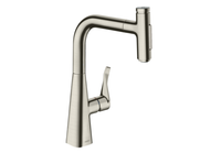 Смеситель для кухни, Hansgrohe, Metris Select M71, sBox, тип открывания воды-однорычажный, тип регулирования воды-керамический картридж, монтаж-на раковину/столешницу, отверстия для монтажа-1, высота, мм-350, вынос излива, мм-208, тип излива-выдвижной, поворотный 110° или 150, количество режимов-2, тип струи-ламинарная струя, фиксируемая душевая струя, корпус для шланга, кнопка Select для комфортного включения/выключения воды, магнитная система крепления душа MagFit, тип подводки-гибкая, стандарт подвода воды-3/8", цвет-сталь арт-73817800 — фото 1, Смесители для кухни