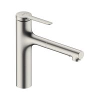 Смеситель для кухни, Hansgrohe, Zesis M33, sBox lite, тип открывания воды-однорычажный, тип регулирования воды-керамический картридж, монтаж-на раковину/столешницу, отверстия для монтажа-1, высота, мм-259, вынос излива, мм-231, тип излива-выдвижной, поворотный, с вытяжным душем, магнитная система крепления душа MagFit, душевой шланг Quick-Connect, механизм sBox lite для плавного и безопасного перемещения шланга в шкафу, тип подводки-гибкая, стандарт подвода воды-3/8", цвет-сталь арт-74804800 — фото 1, Смесители для кухни