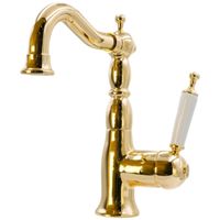 OXFORD См-ль д/раковины моноком., донный клапан "click-clack", ручка белая, золото арт-19172 — фото 1, Смесители для раковины