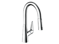 Смеситель для кухни, Hansgrohe, Talis M51, тип открывания воды-однорычажный, тип регулирования воды-керамический картридж, монтаж-на раковину/столешницу, отверстия для монтажа-1, высота, мм-350, вынос излива, мм-185, тип излива-выдвижной, поворотный на 110° или 150°, переключение струи в исходное положение нажатием кнопки, магнитная система крепления душа MagFit, тип подводки-гибкая, стандарт подвода воды-3/8", цвет-хром арт-73850000 — фото 1, Смесители для кухни