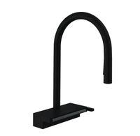Смеситель для кухни, Hansgrohe, Aquno Select M81, тип открывания воды-рычажный, тип регулирования воды-керамический картридж, монтаж-горизонтальный (на раковину/столешницу), высота, мм-390, вынос излива, мм-220, тип излива-поворотный, выдвижной, угол поворота излива-регулировка на 3 уровня, на 60°, 110° или 150°, ламинарная и душевая струя, SatinFlow, магнитная система крепления душа MagFit, удлинение шланга - до 76 см, sBox, тип подводки-гибкая, стандарт подвода воды-3/8", цвет-черный матовый арт-73831670 — фото 1, Смесители для кухни