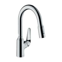 Смеситель для кухни, Hansgrohe, Focus M42, Eco, тип открывания воды-однорычажный, тип регулирования воды-керамический картридж, монтаж-на раковину/столешницу, отверстия для монтажа-1, высота, мм-364, вынос излива, мм-207, тип излива-выдвижной, поворотный 360°, 2 режима струи-ламинарная струя, душевая струя, магнитная система крепления душа MagFit, тип подводки-гибкая, стандарт подвода воды-3/8", цвет-хром арт-71862000 — фото 1, Смесители для кухни