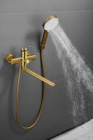 Смеситель для ванны однорычажный с длинным изливом и душем BELZ, брашированное золото, арт-B22813-5 — фото 3, Смеситель для ванны