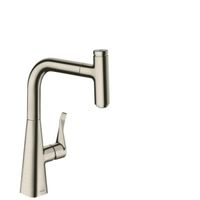 Смеситель для кухни, Hansgrohe, Metris Select M71, sBox, тип открывания воды-однорычажный, тип регулирования воды-керамический картридж, монтаж-на раковину/столешницу, отверстия для монтажа-1, высота, мм-350, вынос излива, мм-208, тип излива-выдвижной, поворотный 110° или 150°, 1 режим струи, корпус для шланга, кнопка Select для комфортного включения/выключения воды, магнитная система крепления душа MagFit, тип подводки-гибкая, стандарт подвода воды-3/8", цвет-сталь арт-73802800 — фото 1, Смесители для кухни