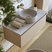 Подвесная тумба с одним ящиком 100 см, цвет морская дюна со столешницей серый камень и наставным умывальником арт-GE01101MD+STG1014X456GS — фото 4, Тумбы с раковиной