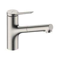 Смеситель для кухни, Hansgrohe, Zesis M33, sBox lite, тип открывания воды-однорычажный, тип регулирования воды-керамический картридж, монтаж-на раковину/столешницу, отверстия для монтажа-1, высота, мм-214, вынос излива, мм-219, тип излива-выдвижной, поворотный 150°, душевой шланг Quick-Connect, тип подводки-гибкая, стандарт подвода воды-3/8", цвет-сталь арт-74803800 — фото 1, Смесители для кухни