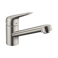 Смеситель для кухни, Hansgrohe, Focus M42, тип открывания воды-однорычажный, тип регулирования воды-керамический картридж, монтаж-на раковину/столешницу, отверстия для монтажа-1, высота, мм-145, вынос излива, мм-189, тип излива-поворотный, тип подводки-гибкая, стандарт подвода воды-3/8", цвет-сталь арт-71808800 — фото 1, Смесители для кухни