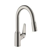 Смеситель для кухни, Hansgrohe, Focus M42, тип открывания воды-однорычажный, тип регулирования воды-керамический картридж, монтаж-на раковину/столешницу, отверстия для монтажа-1, высота, мм-364, вынос излива, мм-207, тип излива-выдвижной с вытяжным душем, поворотный 360°, 2 режима струи-ламинарная струя, душевая струя, магнитная система крепления душа MagFit, тип подводки-гибкая, стандарт подвода воды-3/8", цвет-сталь арт-71801800 — фото 1, Смесители для кухни