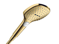 Ручной душ, Hansgrohe, Raindance Select E, размер душевого диска, мм-120, форма-квадратная, количество режимов-3, тип струи-Rain, RainAir, Whirl, цвет-полированное золото, переключение типов струи с помощью кнопки Select, соединительная резьба G 1/2" арт-26520990 — фото 1, Лейки для душа