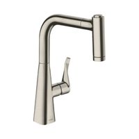 Смеситель для кухни, Hansgrohe, Metris M71, тип открывания воды-однорычажный, тип регулирования воды-керамический картридж, отверстия для монтажа-1, высота, мм-332, вынос излива, мм-210, тип излива-выдвижной с вытяжным душем, поворотный, 2 режима струи-ламинарная струя, душевая струя, магнитная система крепления душа MagFit, стандарт подвода воды-3/8", цвет-сталь арт-14834800 — фото 1, Смесители для кухни