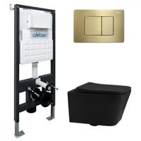 Комплект подвесной унитаз ABBER Rechteck AC1201MB черный матовый с инсталляцией AC0105 и кнопкой AC0120MMG золото матовое арт-AC1201MB-AC0105-AC0120MMG — фото 1, Комплекты унитаз + инсталляция
