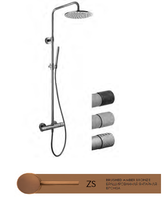 Душевая стойка, Fima Carlo Frattini, Shower column, X COLLECTION, смеситель-в комплекте, тип открывания воды-однорычажный, тип регулирования воды-термостатический картридж, верхний душ-есть, форма верхнего душа-круглая, размер верхнего душа,мм-250, держатель верхнего душа-есть, вынос, мм-300, размер штанги, мм-1288, ручной душ-в комплекте, шланг-есть, размер шланга, мм-1500, 2 подвода воды 1/2 с эксцентриком, металлические ручки, цвет-бронза брашированная янтарная (Brushed Amber Bronze) арт-F4285T/R256XZS — фото 1, Душевые стойки