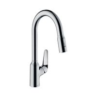 Смеситель для кухни, Hansgrohe, Focus M42, тип открывания воды-однорычажный, тип регулирования воды-керамический картридж, монтаж-на раковину/столешницу, отверстия для монтажа-1, высота, мм-400, вынос излива, мм-207, тип излива-выдвижной с вытяжным душем, поворотный 360°, 2 режима струи-ламинарная струя, душевая струя, магнитная система крепления душа MagFit, тип подводки-гибкая, стандарт подвода воды-3/8", цвет-сталь арт-71800800 — фото 1, Смесители для кухни