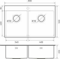 Rivelato Rinox 8050 B2 PVD black Мойка нерж.сталь 2 чаши 800*500*200 мм арт.8050 B2 PVD black GranFest — фото 2, Кухонные мойки