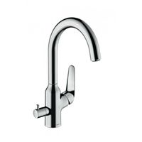 Смеситель для кухни, Hansgrohe, Focus M42, тип открывания воды-однорычажный, тип регулирования воды-керамический картридж, монтаж-на раковину/столешницу, отверстия для монтажа-1, высота, мм-348, вынос излива, мм-193, тип излива-поворотный, тип подводки-гибкая, стандарт подвода воды-3/8", с запорным вентилем, цвет-хром арт-71803000 — фото 1, Смесители для кухни