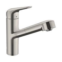 Смеситель для кухни, Hansgrohe, Focus M42, тип открывания воды-однорычажный, тип регулирования воды-керамический картридж, монтаж-на раковину/столешницу, отверстия для монтажа-1, высота, мм-222, вынос излива, мм-206, тип излива-выдвижной, поворотный 120°, магнитная система крепления душа MagFit, душевой шланг Quick-Connect, тип подводки-гибкая, стандарт подвода воды-3/8", цвет-сталь арт-71814800 — фото 1, Смесители для кухни