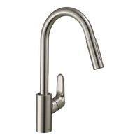 Смеситель для кухни, Hansgrohe, Focus M41, Eco, тип открывания воды-однорычажный, тип регулирования воды-керамический картридж, монтаж-на раковину/столешницу, отверстия для монтажа-1, высота, мм-406, вынос излива, мм-220, тип излива-выдвижной, поворотный, 2 режима стури-ламинарная струя, душевая струя, магнитная система крепления душа MagFit, тип подводки-гибкая, стандарт подвода воды-3/8", цвет-сталь арт-31833800 — фото 1, Смесители для кухни