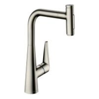Смеситель для кухни, Hansgrohe, Talis Select M51, sBox, тип открывания воды-однорычажный, тип регулирования воды-керамический картридж, монтаж-на раковину/столешницу, отверстия для монтажа-1, высота, мм-401, вынос излива, мм-220, тип излива-выдвижной, поворотный на 110° или 150°, кнопка Select для комфортного включения/выключения воды, магнитная система крепления душа MagFit, тип подводки-гибкая, стандарт подвода воды-3/8", цвет-сталь арт-73867800 — фото 1, Смесители для кухни