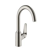 Смеситель для кухни, Hansgrohe, Focus M42, тип открывания воды-однорычажный, тип регулирования воды-керамический картридж, монтаж-на раковину/столешницу, отверстия для монтажа-1, высота, мм-348, вынос излива, мм-192, тип излива-поворотный 360°, тип подводки-гибкая, стандарт подвода воды-3/8", цвет-сталь арт-71802800 — фото 1, Смесители для кухни