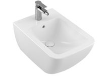 Биде, Villeroy&Boch, Venticello, тип установки-подвесной, ширина, мм-375, глубина, мм-560, высота, мм-285, форма чаши-прямоугольная, отверстия для смесителя-1, материал-санфарфор, вид грязеотталкивающего покрытия-CeramicPlus, крепления в комплекте, цвет-Stone White, с переливом 441100RW — фото 1, Биде подвесные