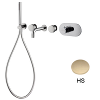 Смеситель для ванны и душа, Fima Carlo Frattini, Fimatherm, тип открывания воды-однорычажный, тип регулирования воды-термостатический картридж, монтаж-настенный встраиваемый, горизонтально, отверстия для монтажа-5, вынос излива, мм-210, в комплекте-ручной душ, держатель для душа с подводом воды, гибкий шланг хромалюкс 1500, внутренняя часть и ручки-необходимо заказать, цвет-шампань брашированная (Brushed Champagne) арт-F3179X2HS — фото 1, Смеситель для ванны