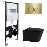 Комплект подвесной унитаз ABBER Rechteck AC1201MB черный матовый с инсталляцией AC0105 и кнопкой AC0121MMG золото матовое AC1201MB-AC0105-AC0121MMG — фото 1, Комплекты унитаз + инсталляция